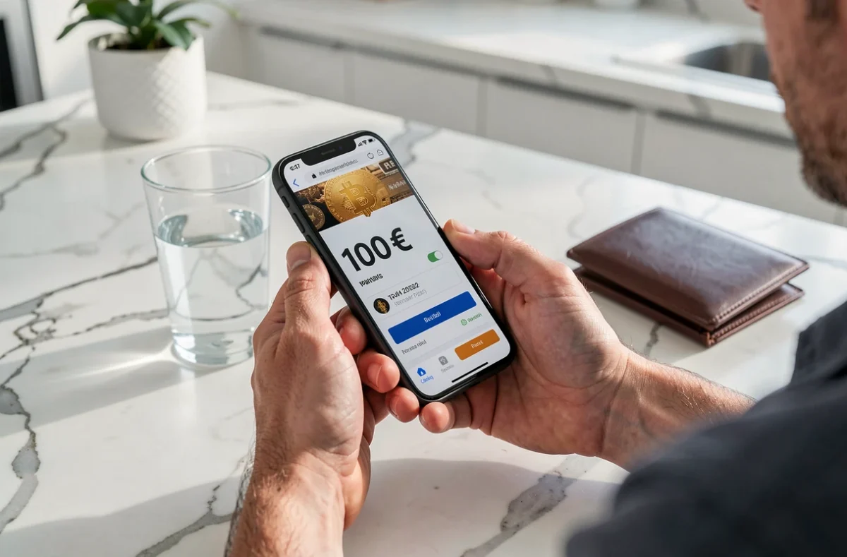 Mains tenant un smartphone affichant un achat de 100 euros en bitcoin sur une application mobile
