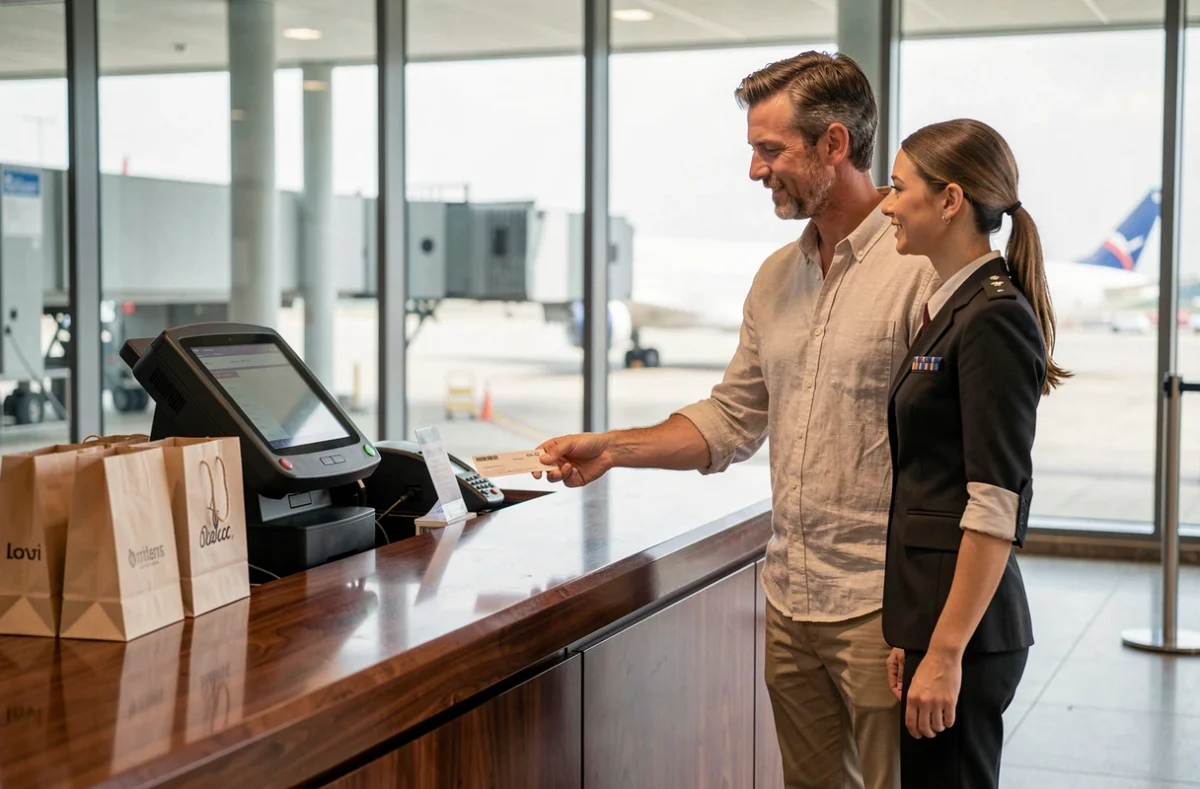 Voyageur présentant sa carte d'embarquement en boutique hors taxes à l'aéroport, symbolisant le processus d'achat en détaxe DFS