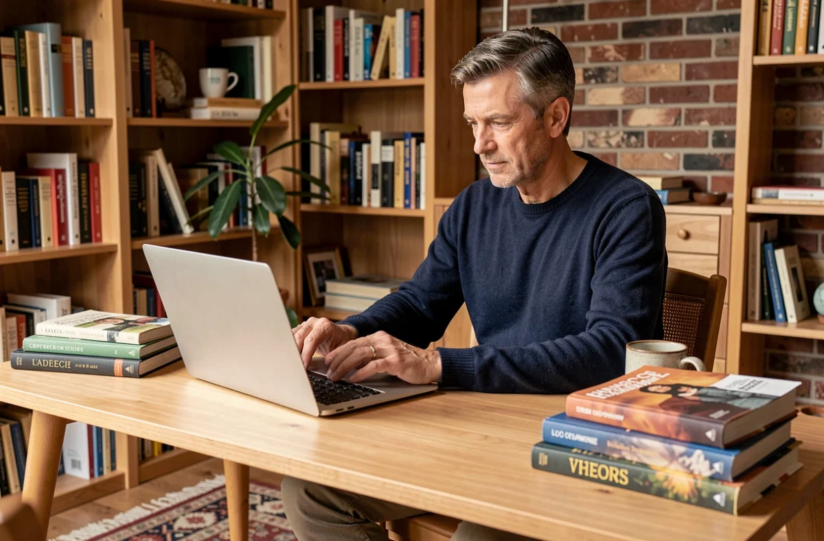 Homme parcourant une plateforme de revente en ligne sur son ordinateur portable depuis son bureau à domicile
