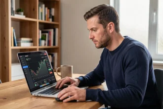 Homme achetant des bitcoins sur un ordinateur portable dans un bureau à domicile