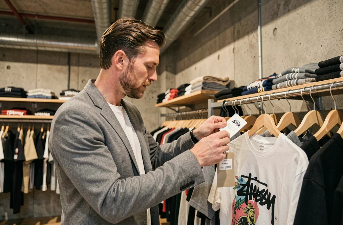 Acheteur de mode examinant des t-shirts Stussy dans une boutique streetwear urbaine, illustrant la gestion commerciale et la propriété de la marque