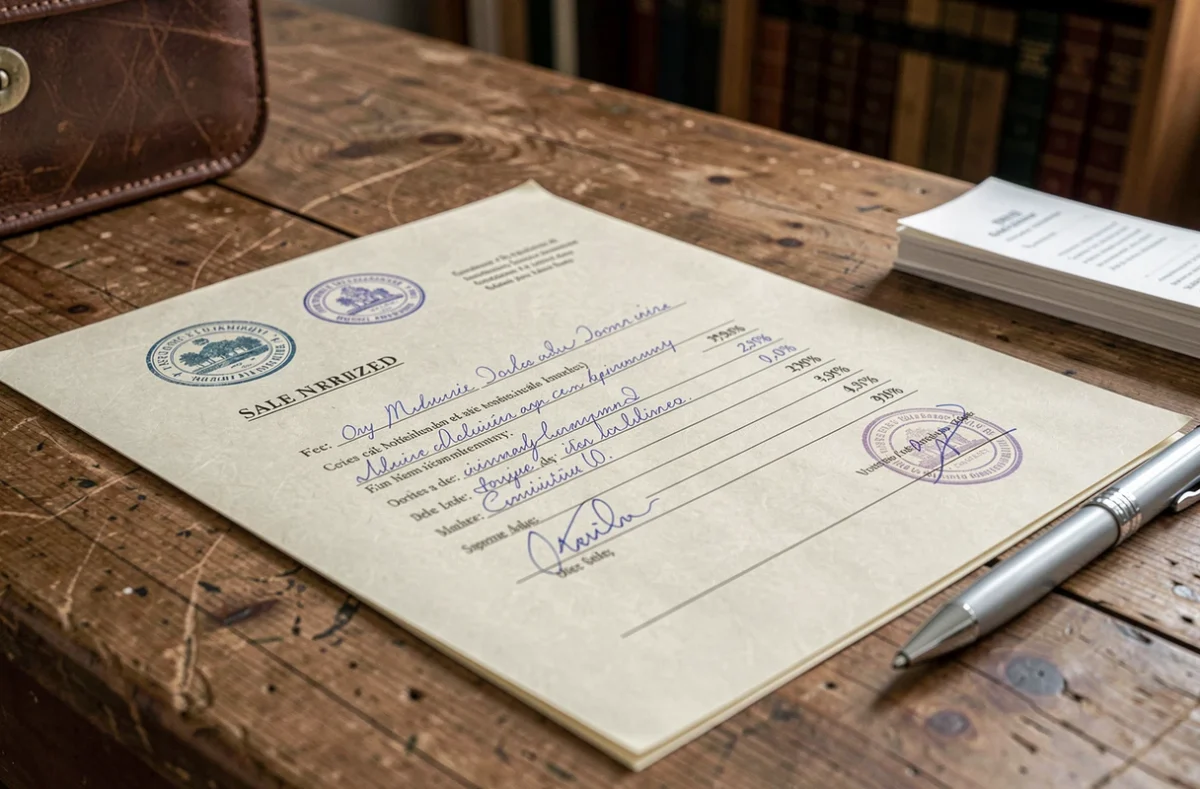 Gros plan sur un acte de vente notarié avec sceau officiel, signatures et tableau des honoraires du notaire