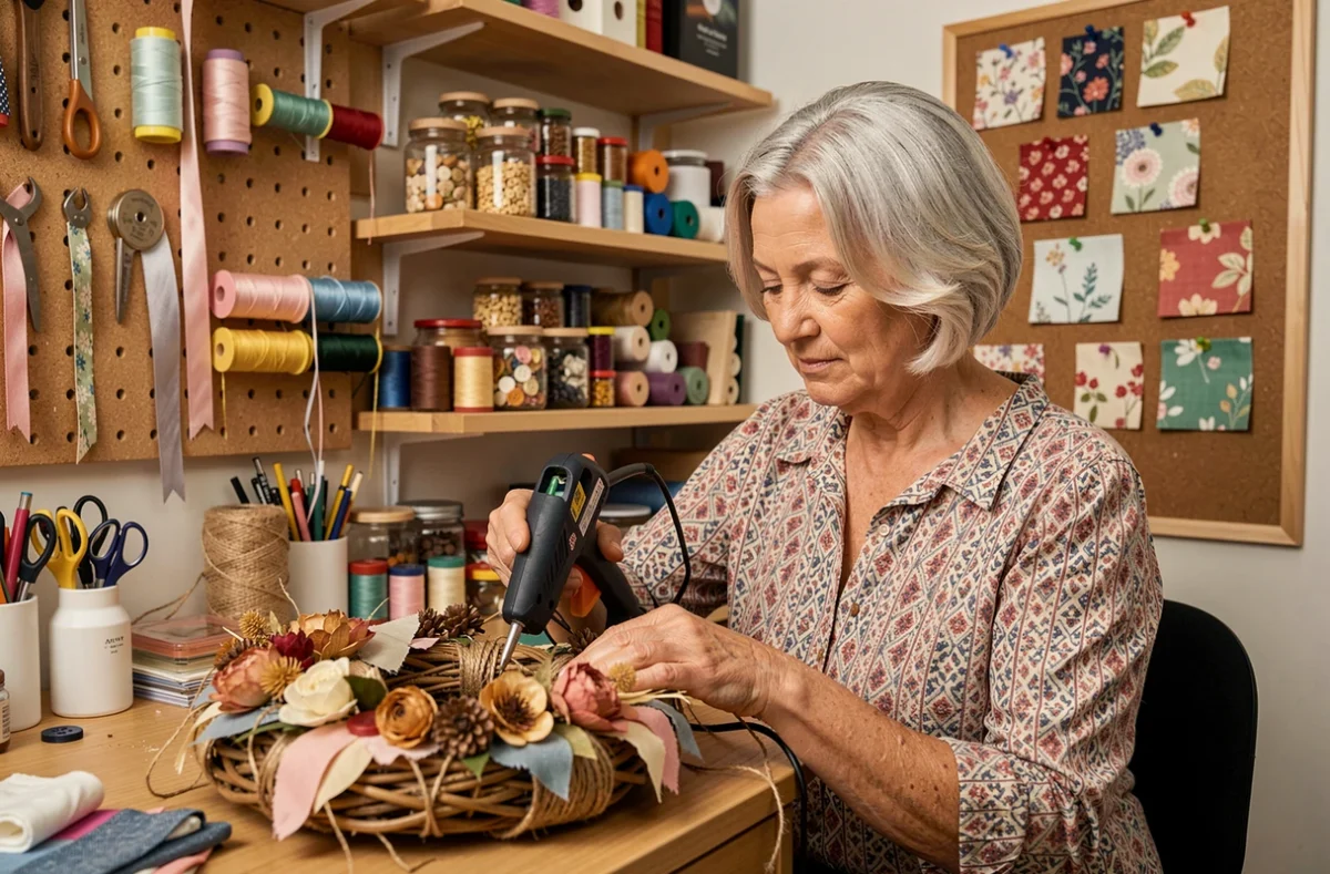 Femme mature assemblant une couronne décorative en fleurs séchées dans un atelier artisanal aménagé à la maison