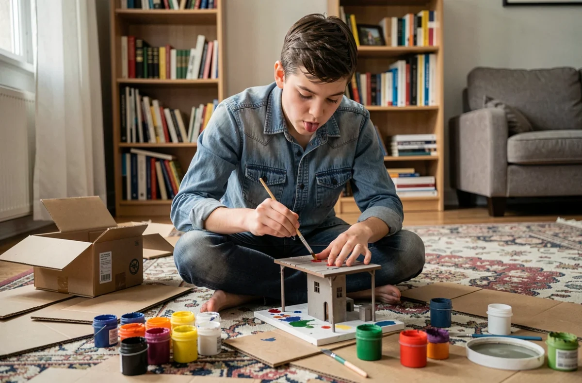 Adolescent réalisant un diorama en carton peint à l'acrylique lors d'une activité manuelle créative à la maison