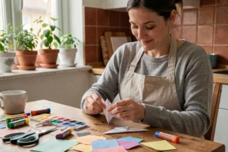 Femme adulte réalisant une activité manuelle créative avec du papier et des peintures aquarelle sur une table en bois à la maison