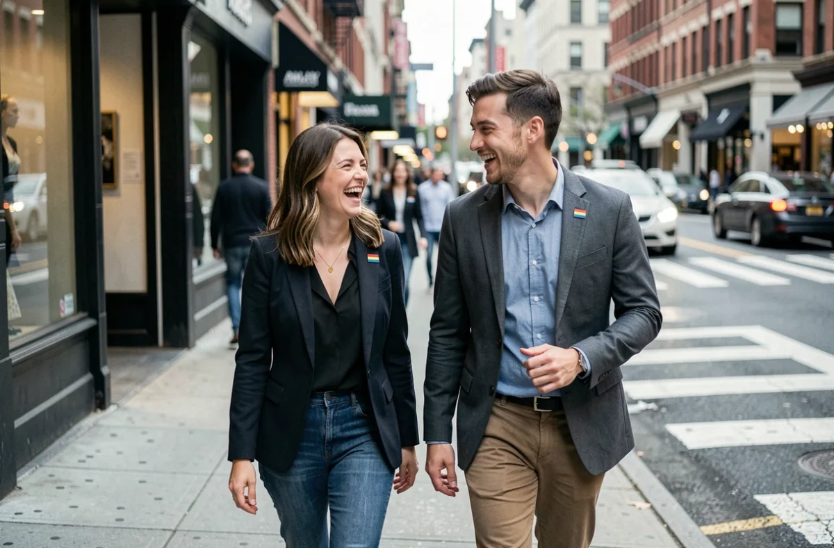 Deux adultes souriants marchant en ville avec des épinglettes aux couleurs de la fierté, représentant la visibilité et l'acceptation de la communauté 2SLGBTQI+