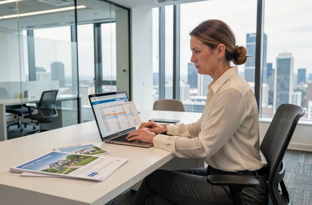 Agente immobilière analysant des données de prix sur ordinateur dans une agence moderne