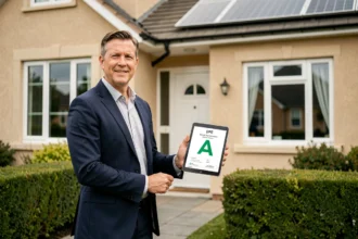 Agent immobilier tenant une tablette affichant un DPE vert devant une maison rénovée avec panneaux solaires