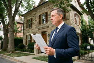 Agent immobilier tenant une estimation de bien devant une maison résidentielle sous-évaluée