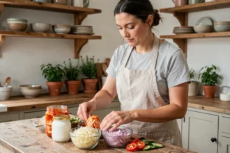 Femme préparant des aliments fermentés bénéfiques pour la santé intestinale dans une cuisine rustique