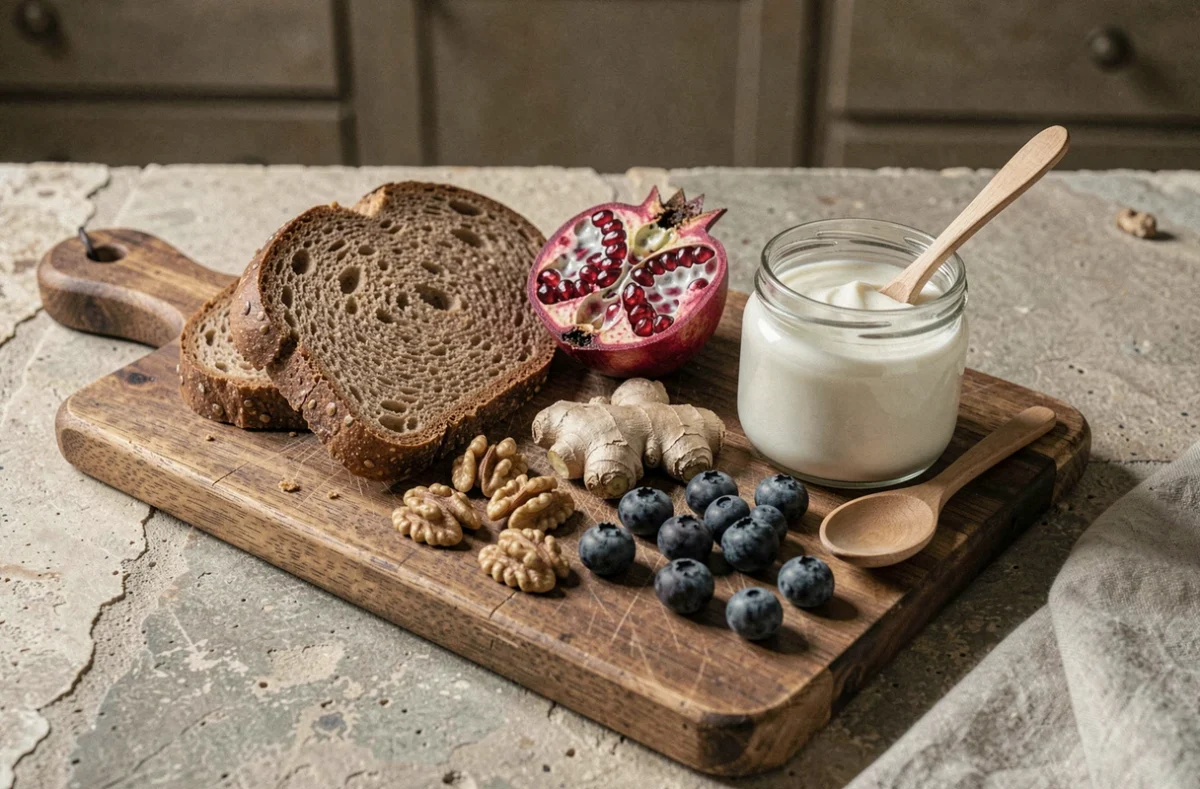 Sélection d'aliments bénéfiques pour le microbiote intestinal disposés sur une planche en bois