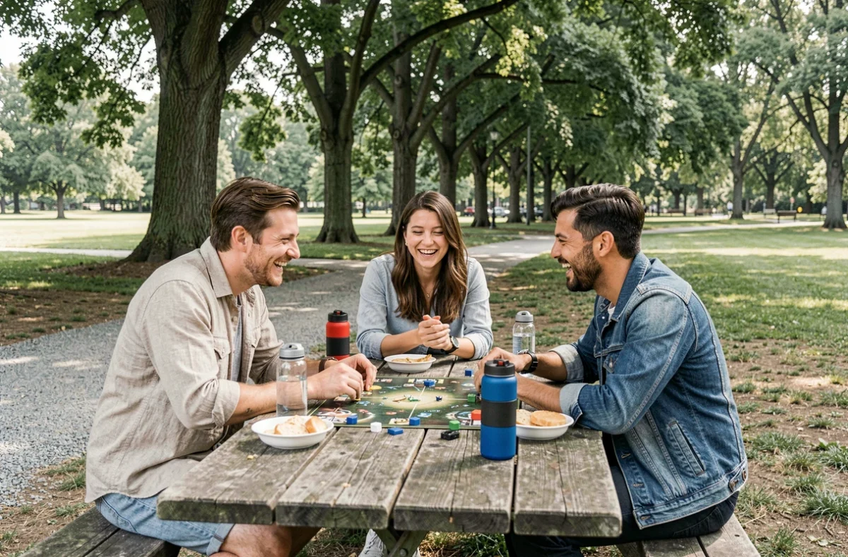 Groupe d'amis jouant à un jeu de société autour d'une table de pique-nique dans un parc pour profiter de leur temps libre
