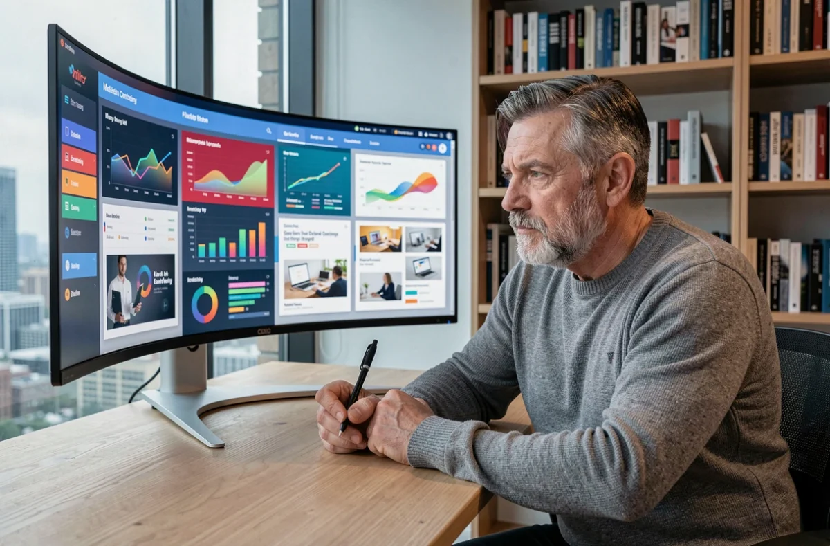 Professionnel du marketing analysant des données et tableaux de bord numériques innovants sur grand écran