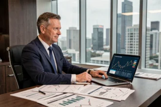 Analyste financier examinant des graphiques de crise de la dette souveraine dans un bureau corporatif moderne