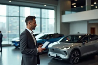Analyste automobile en costume étudiant une voiture électrique dans un showroom moderne avec tablette numérique