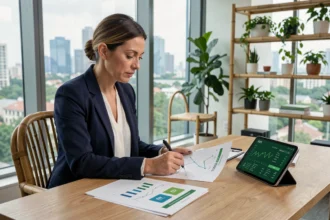Analyste financière étudiant des données d'investissement ESG sur tablette et documents imprimés dans un bureau moderne avec vue sur la ville