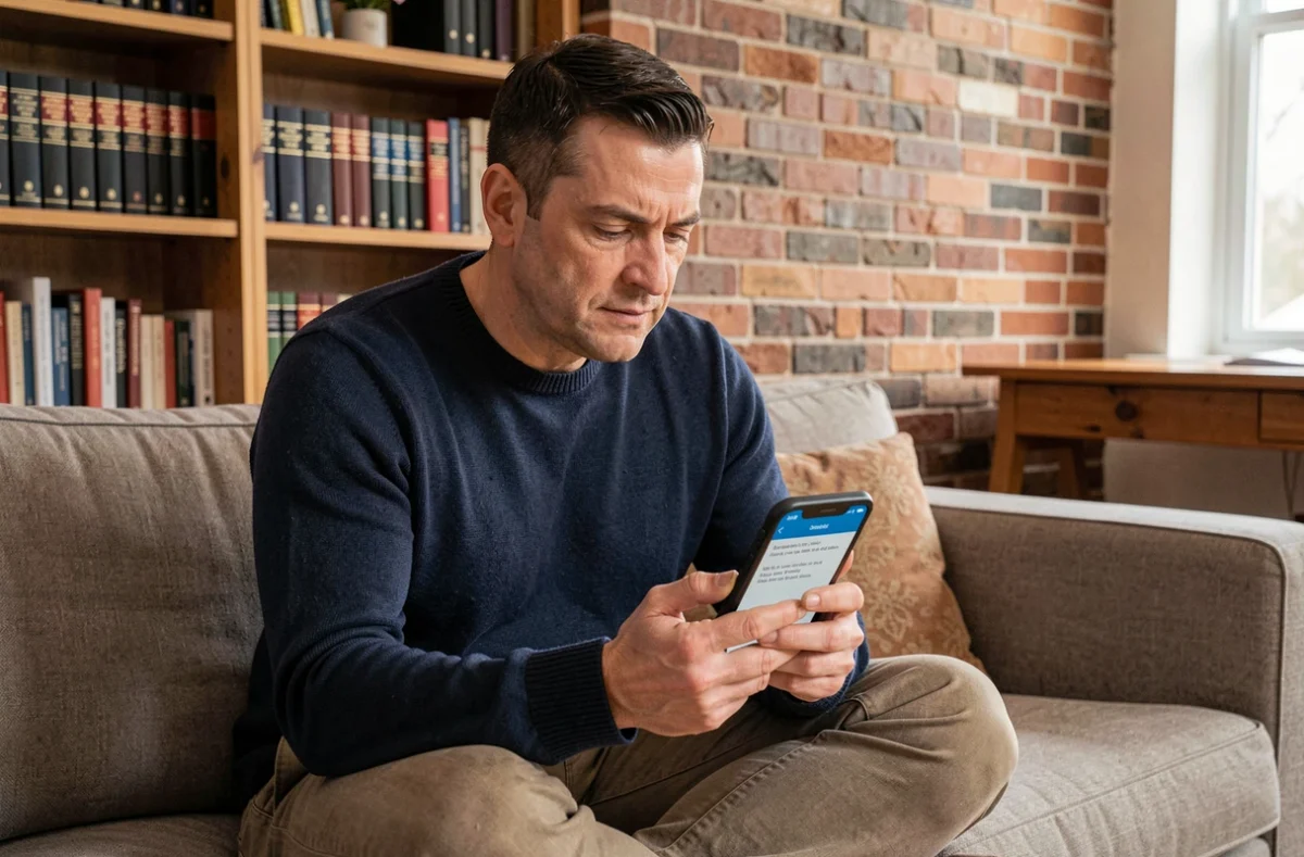 Homme utilisant une application de traduction en temps réel sur smartphone dans un espace de travail à domicile