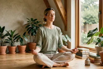 Femme en méditation dans un studio de yoga minimaliste, illustrant l'approche holistique du bien-être corps et esprit