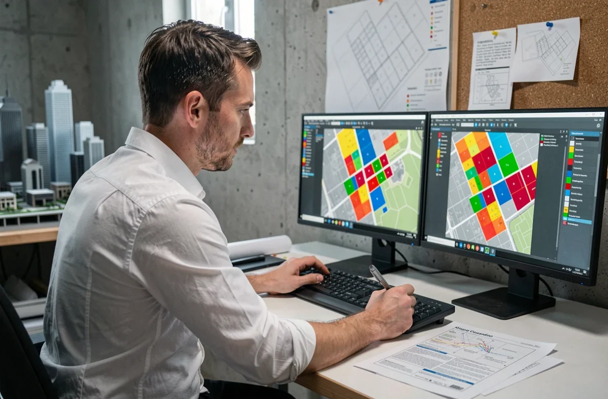 Architecte analysant des cartes de zonage numérique sur écran dans un studio professionnel
