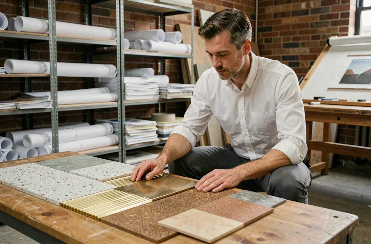Architecte examinant des échantillons de matériaux tendance pour les pièces de design intérieur prévues en 2026