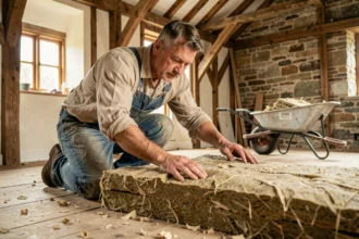 Artisan posant de la laine de chanvre dans une maison en rénovation avec ossature bois et murs en pierre
