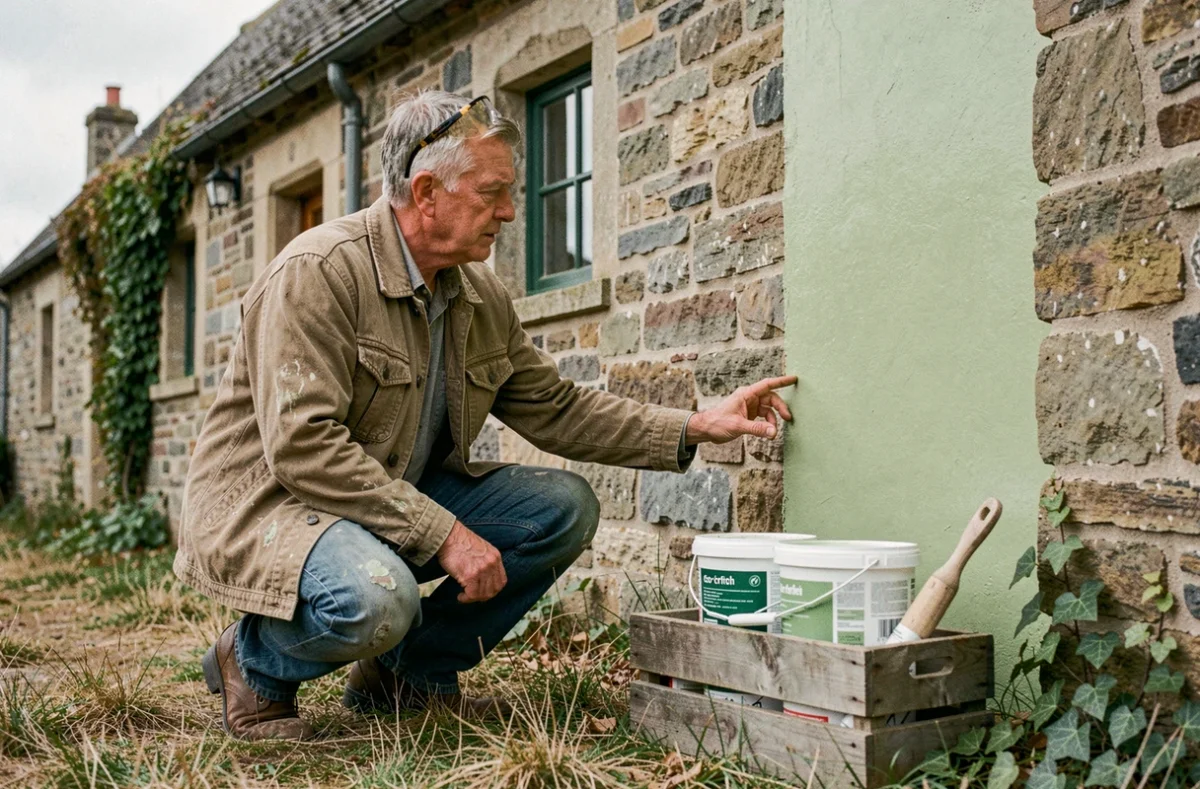 Artisan examinant la finition d'une peinture à la chaux écologique sur le mur en pierre d'une ferme rénovée