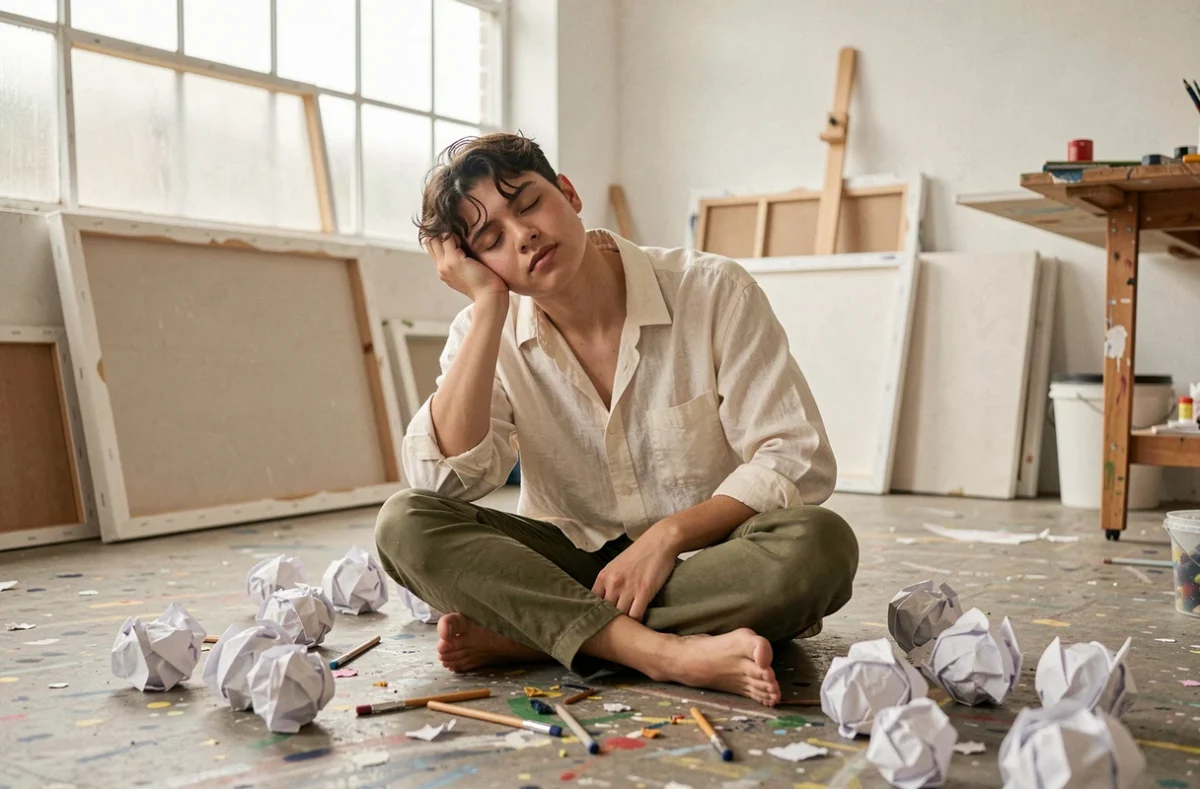 Personne épuisée entourée de papiers froissés dans un atelier d'artiste, symbolisant le blocage créatif