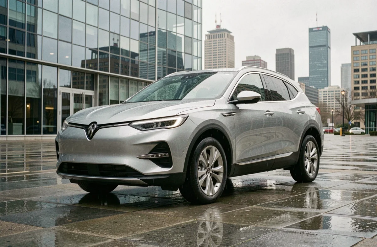 Nouveau SUV électrique de Stellantis garé devant un siège social moderne sous un ciel nuageux urbain