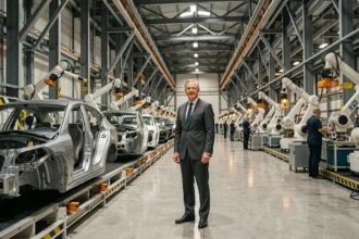 Dirigeant de l'industrie automobile Stellantis debout devant une chaîne de montage moderne dans une usine européenne