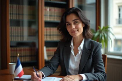 Avocate spécialisée en droit de l'immigration consultant des documents juridiques dans un bureau parisien
