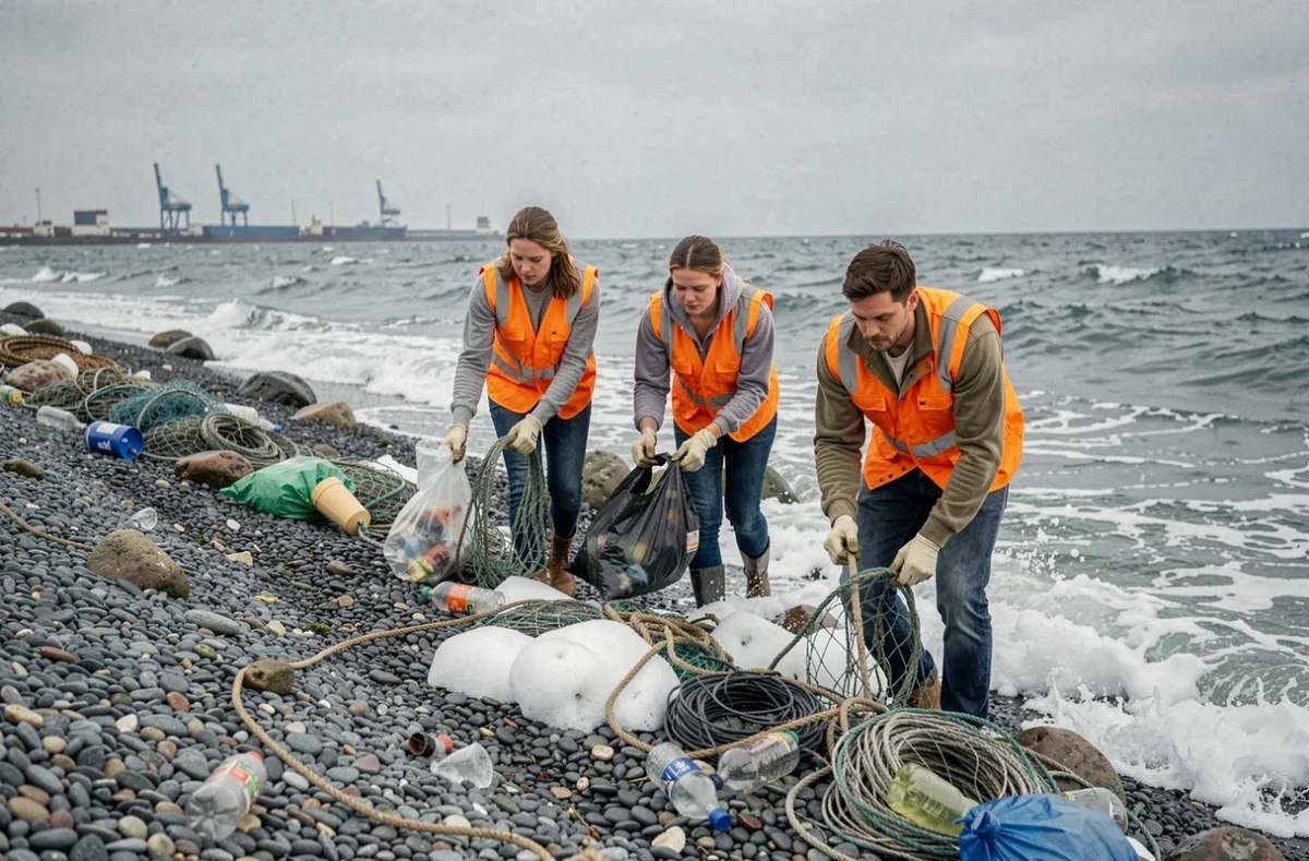 Bénévoles ramassant des déchets plastiques sur une plage polluée pour réduire l'impact environnemental côtier