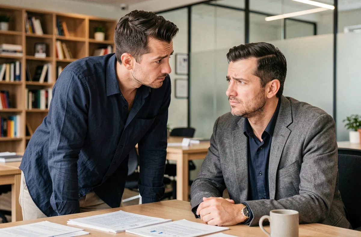 Deux collègues masculins dans un bureau moderne, l'un écoutant attentivement l'autre avec bienveillance et présence, illustrant l'écoute active au travail