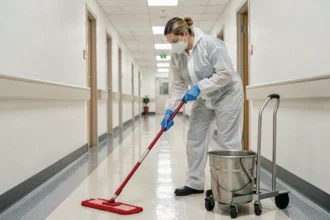Technicienne de bio nettoyage en combinaison blanche effectuant la désinfection d'un couloir hospitalier avec un chariot de ménage professionnel