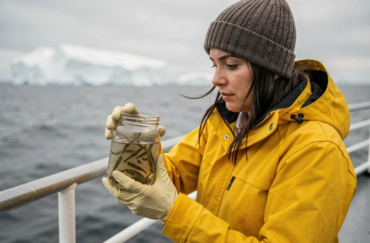Biologiste marine tenant un bocal de krill sur un navire de recherche en Antarctique