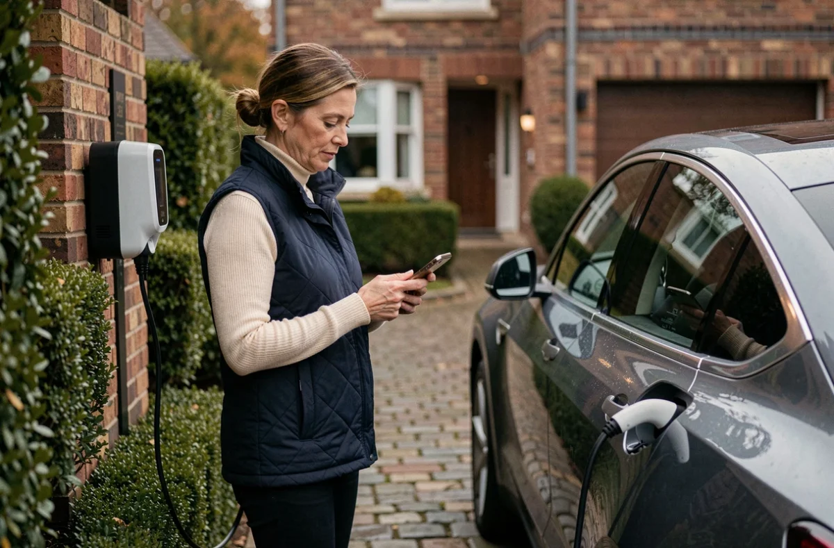 Femme consultant son téléphone pendant la recharge de son SUV électrique sur une borne installée à domicile