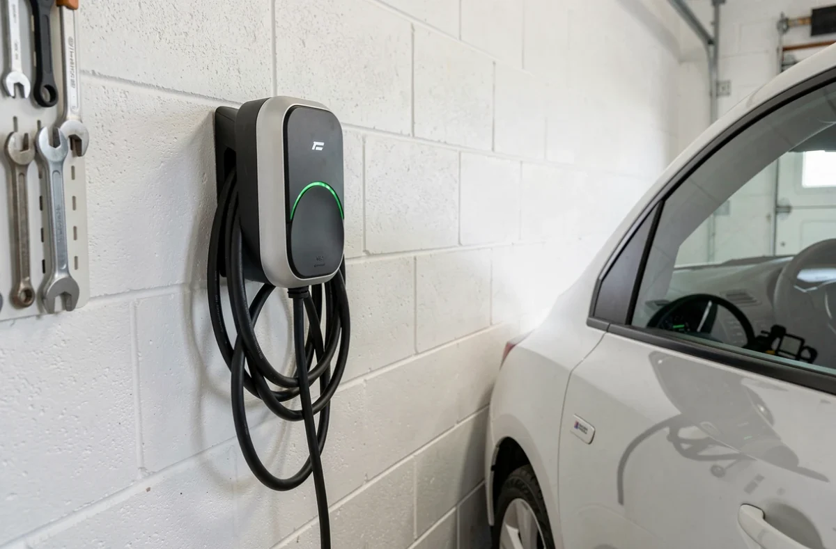 Gros plan sur une borne de recharge murale pour voiture électrique installée dans un garage résidentiel