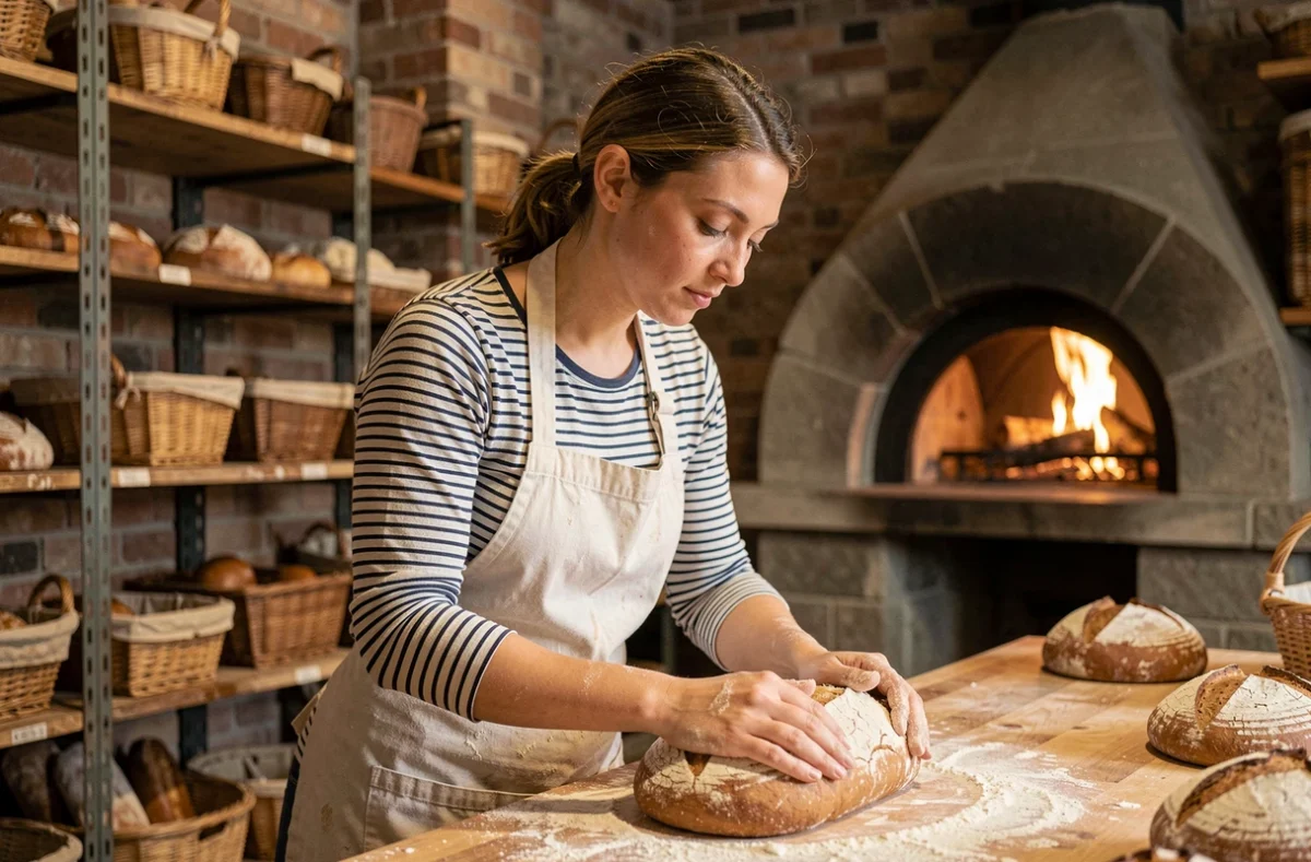 Boulangère artisanale façonnant un pain au levain dans une boulangerie traditionnelle, illustration du métier passion et du savoir-faire artisanal