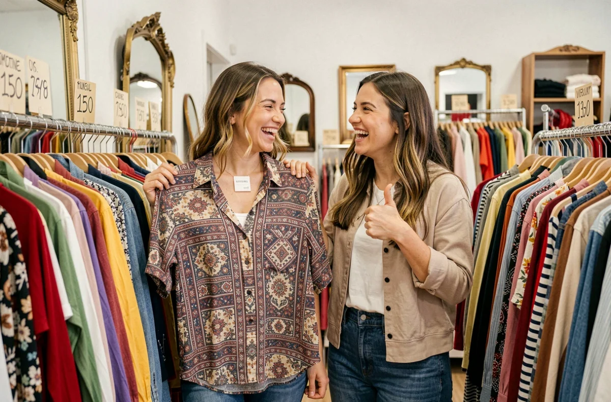 Deux amies riant en choisissant des vêtements dans une boutique de seconde main, symbole de la mode durable et accessible