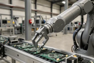 Bras robotique industriel assemblant des composants sur une chaîne de production automatisée en usine moderne