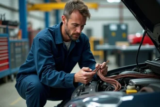 Technicien automobile inspectant un brin électrique dans un atelier de réparation mécanique