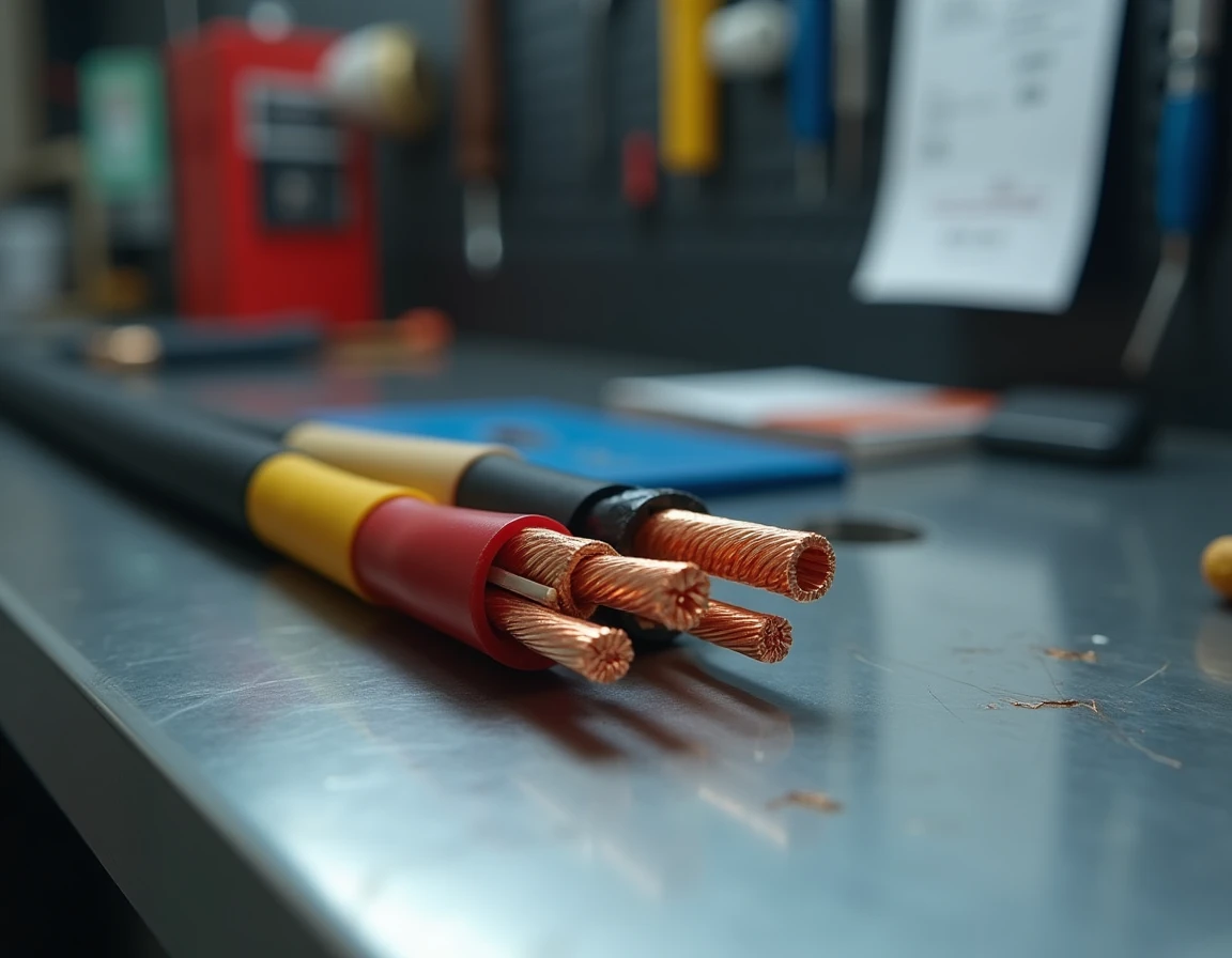 Gros plan sur un faisceau de brins électriques automobiles avec isolation colorée sur un établi de garage