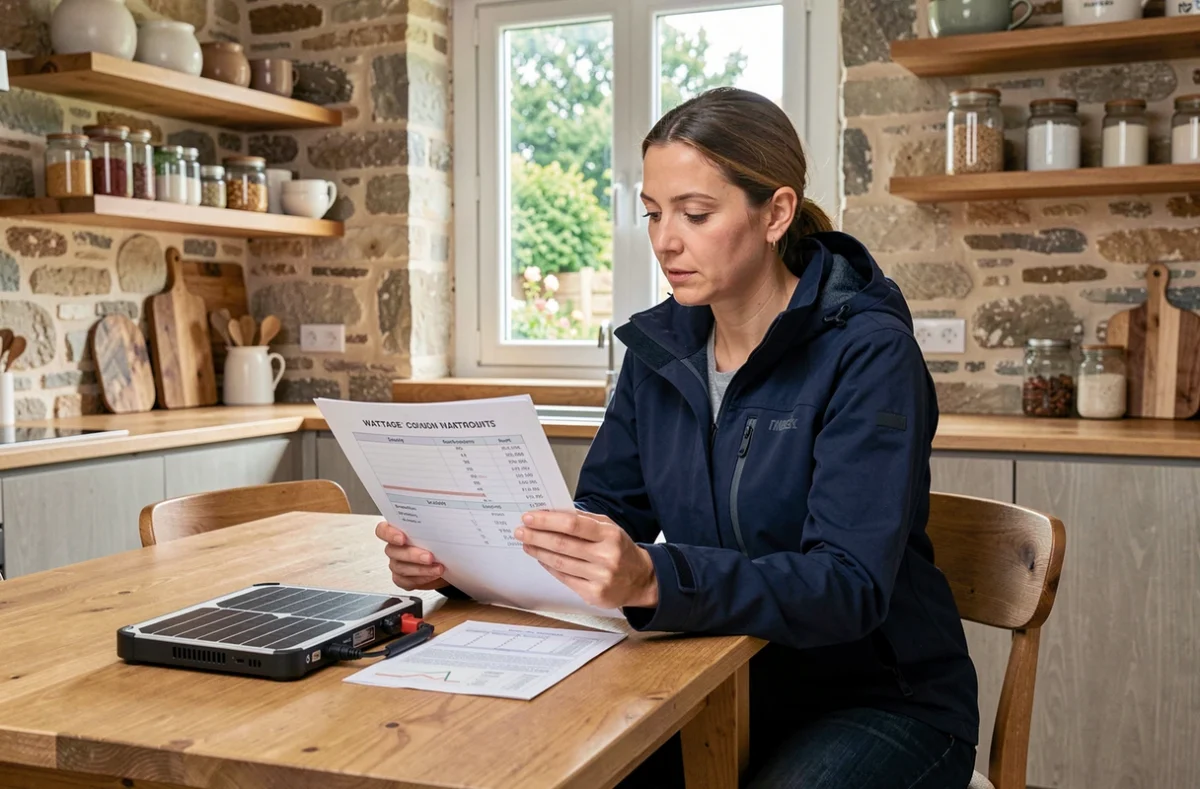 Femme calculant la puissance nécessaire pour un kit solaire autonome à l'aide d'un tableau de consommation posé sur une table en bois