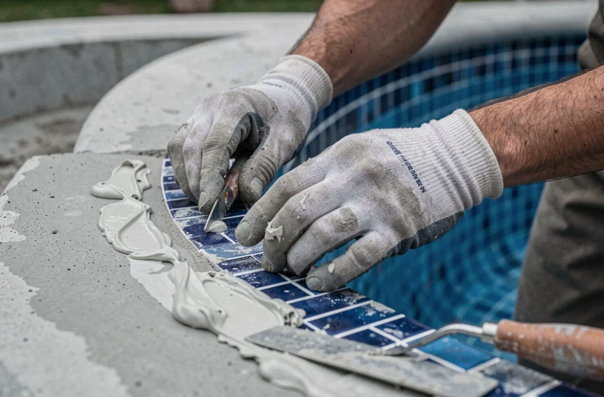 Détail de pose de carrelage mosaïque bleu sur la paroi intérieure d'une piscine béton en cours de finition