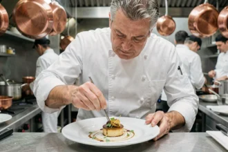 Chef français expérimenté en train de dresser une assiette gastronomique dans une cuisine professionnelle parisienne