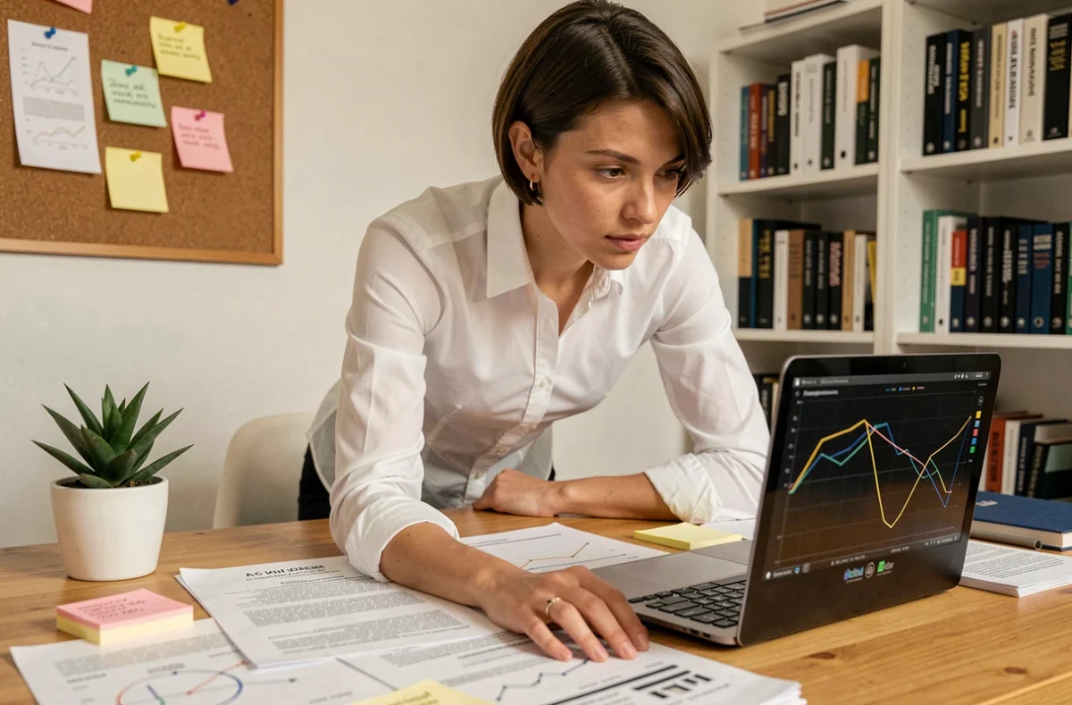 Chercheuse analysant les performances comparatives des grands modèles de langage sur son bureau à domicile