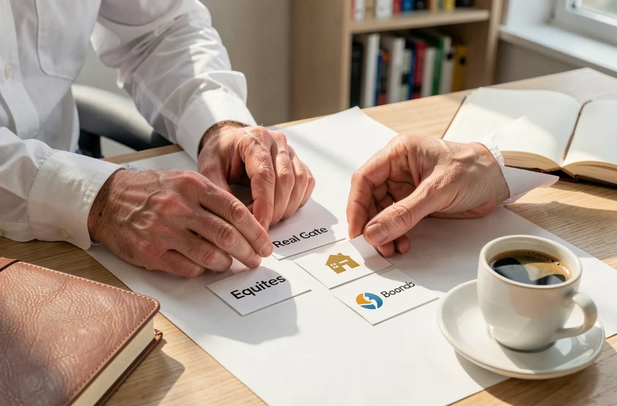 Mains organisant des fiches représentant différentes classes d'actifs financiers sur un bureau