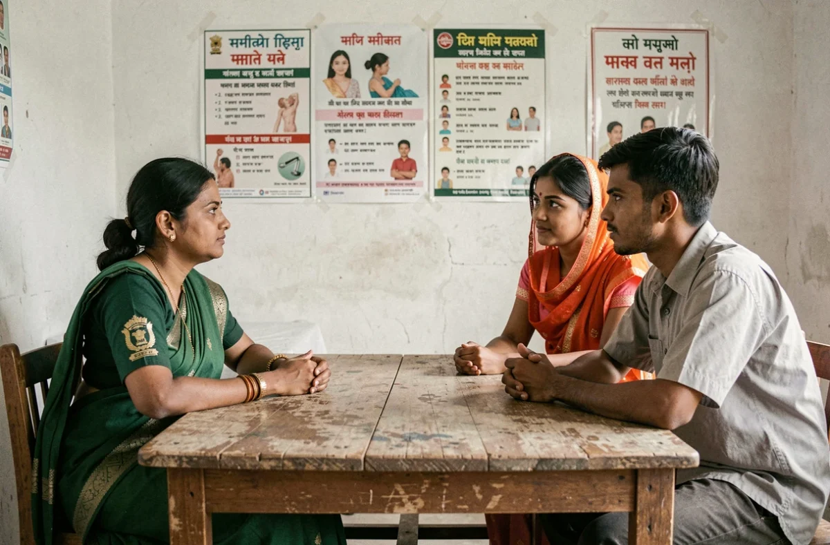 Travailleuse de santé indienne conseillant un couple rural dans une clinique de planification familiale au Rajasthan