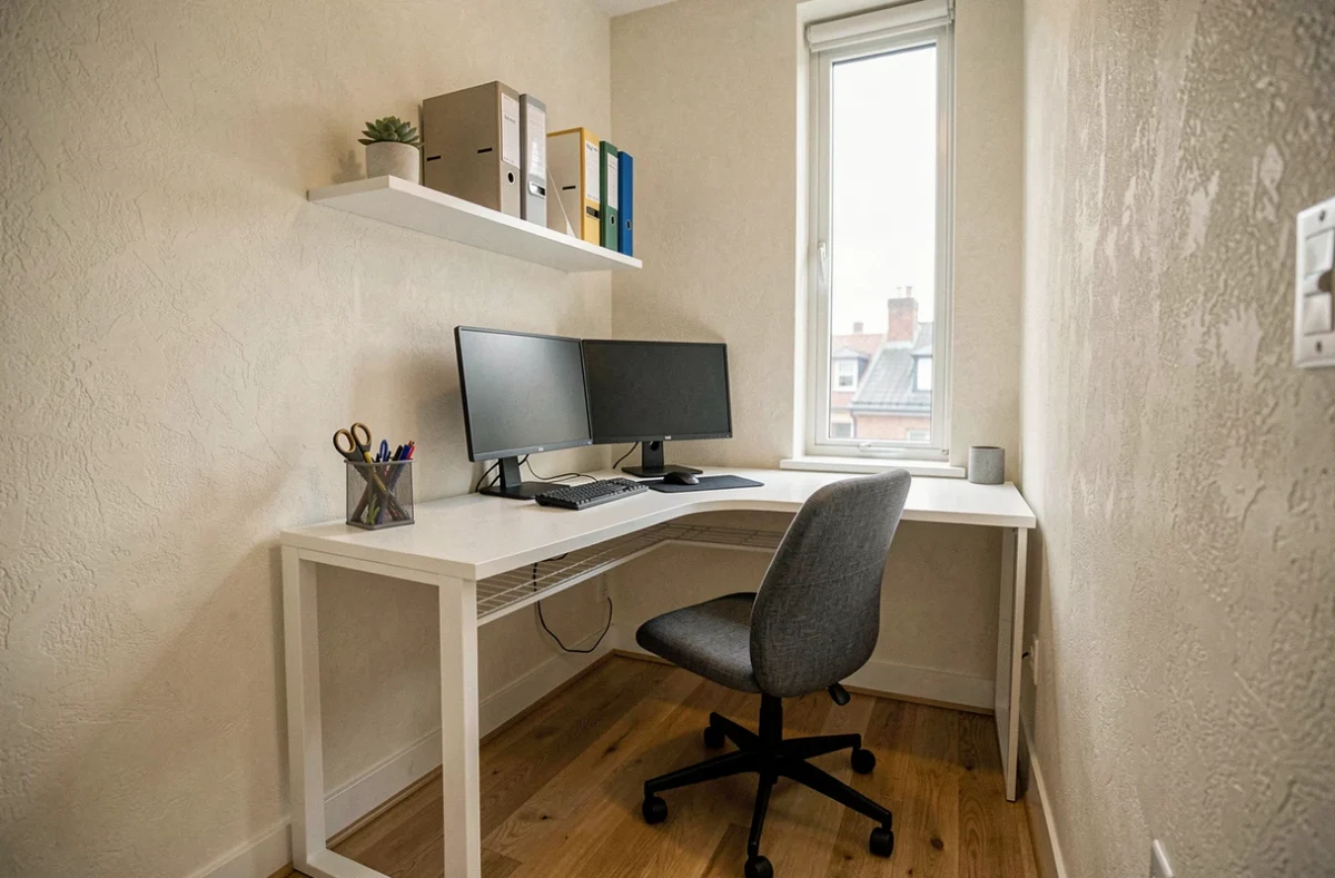 Coin bureau compact et bien organisé avec double écran, étagères murales et rangements optimisés dans un appartement