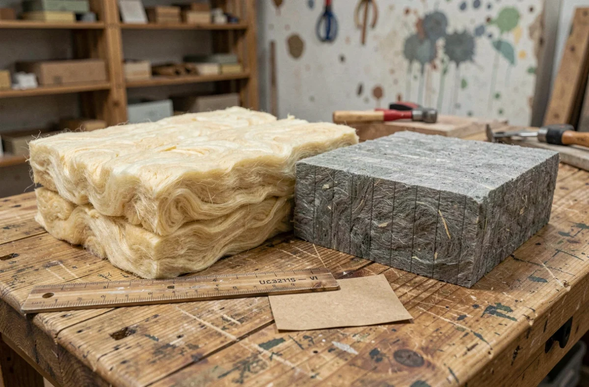 Comparaison entre laine de chanvre dorée et laine de roche grise posées côte à côte sur un établi en bois