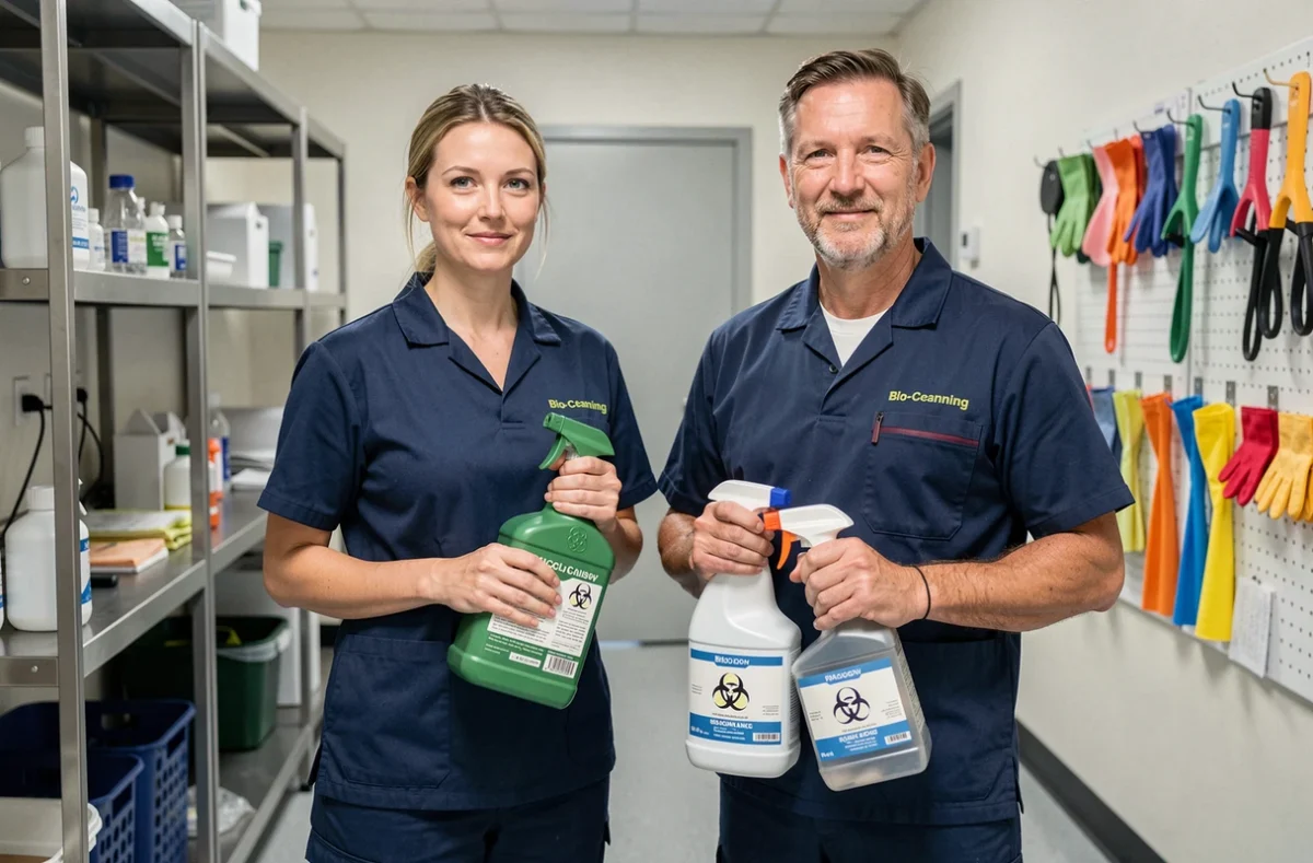Deux agents comparant les équipements de nettoyage standard et de bio nettoyage dans un laboratoire médical, illustrant la différence entre les deux méthodes